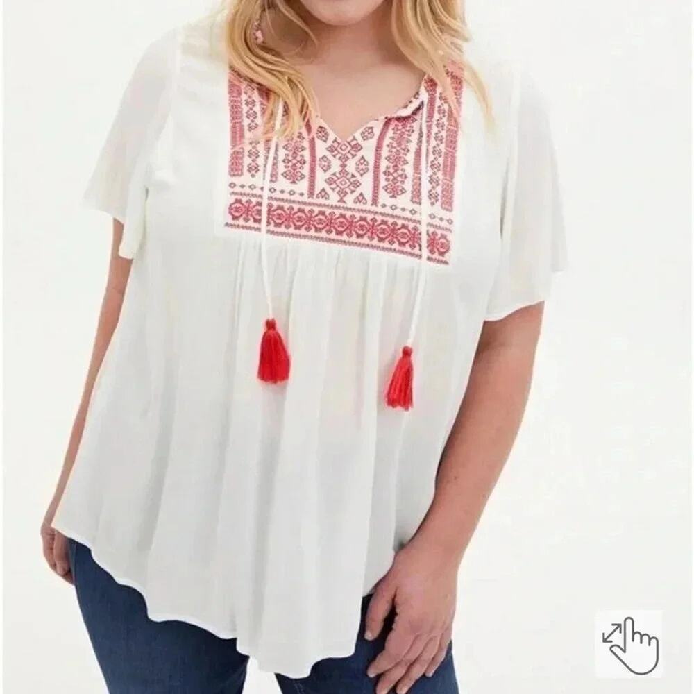 Torrid White Womens Gauze Top with Red Embroidery Aztec Southwest Plus Size
